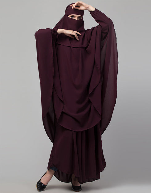 Trendy 3 pcs set of Abaya Khimer and Nose piece Front View