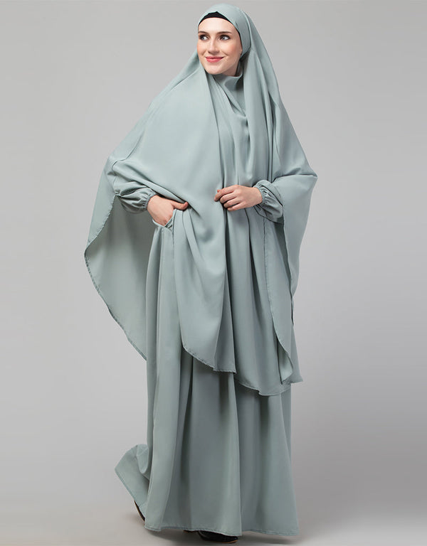 Modern 3 pcs set of Abaya Khimer and Nose piece In Green Front View