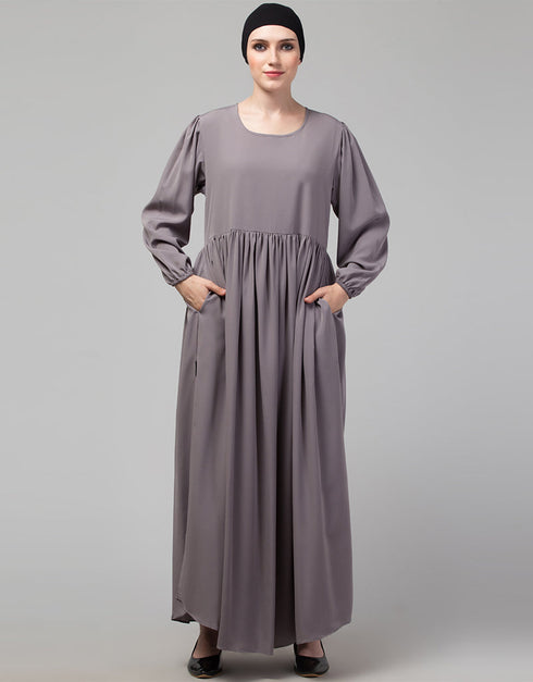 Islamic 3 pcs set of Abaya Khimer and Nose piece In Dusty Purple Close-up View