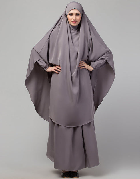 Islamic 3 pcs set of Abaya Khimer and Nose piece In Dusty Purple Back View