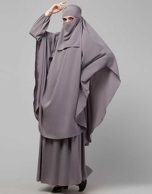 Islamic 3 pcs set of Abaya Khimer and Nose piece In Dusty Purple Side View
