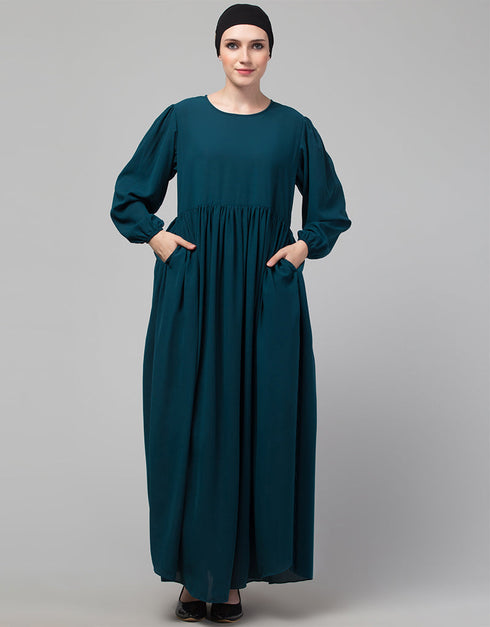 Women 3 pcs set of Abaya Colored In Teal Khimer and Nose piece Close-up View