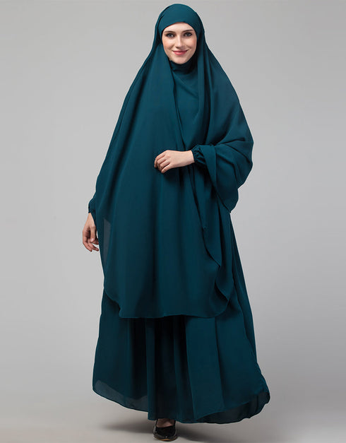 Women 3 pcs set of Abaya Colored In Teal Khimer and Nose piece Additional Angles