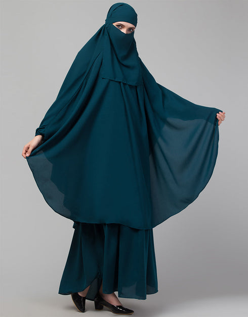 Women 3 pcs set of Abaya Colored In Teal Khimer and Nose piece Side View