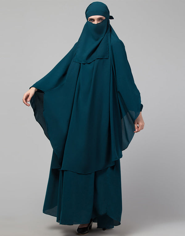 Women 3 pcs set of Abaya Colored In Teal Khimer and Nose piece Front View
