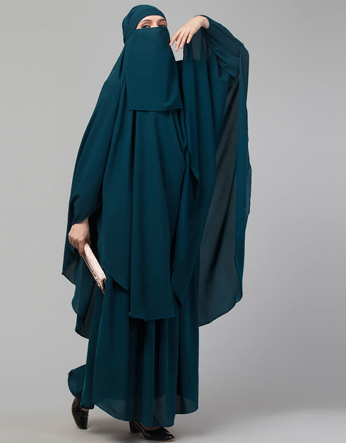 Women 3 pcs set of Abaya Colored In Teal Khimer and Nose piece Front View