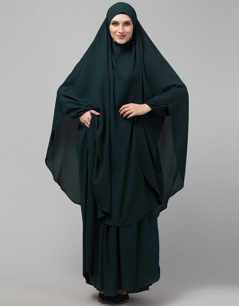 Muslimah 3 pcs set of Abaya Khimer and Nose piece In White Color Side View