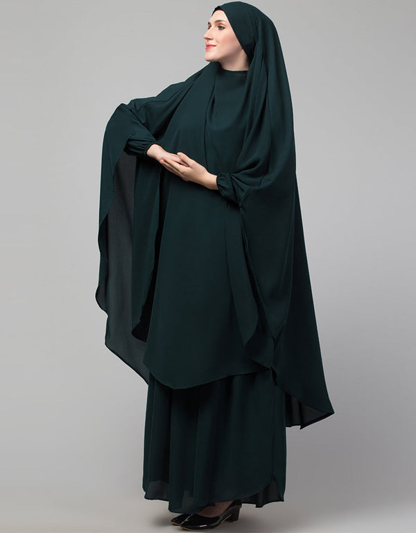 Muslimah 3 pcs set of Abaya Khimer and Nose piece In White Color Front View