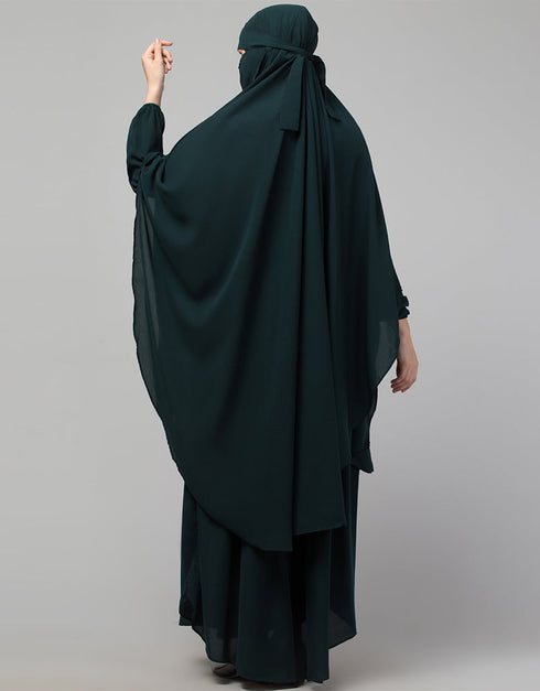 Muslimah 3 pcs set of Abaya Khimer and Nose piece In White Color Back View