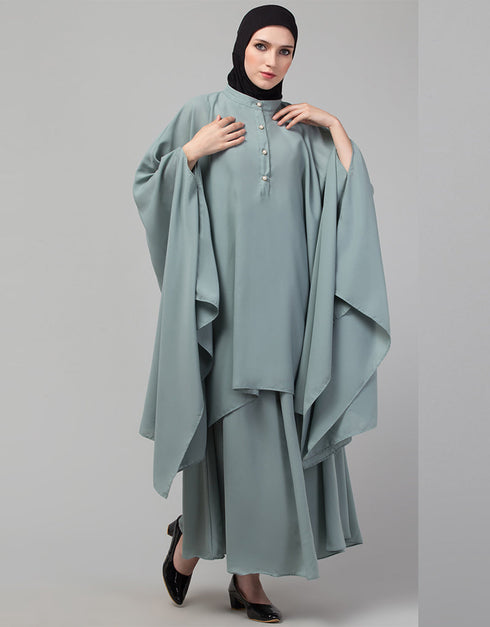 Arabic Two piece Butterfly Kaftan In Saga Green Color Front View