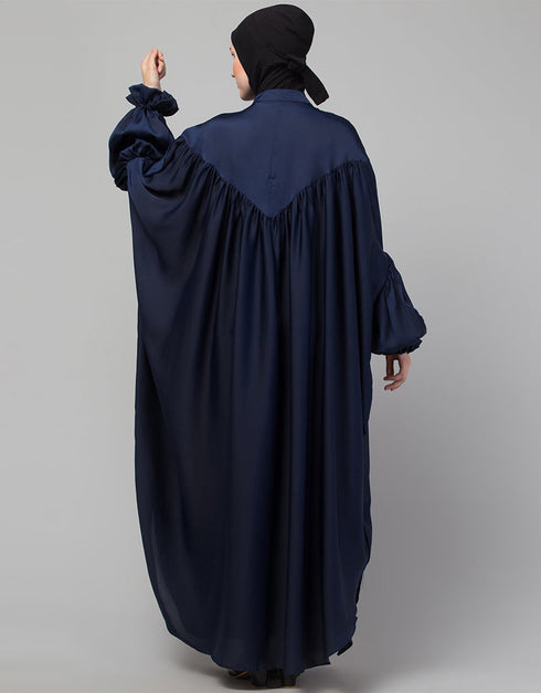 Modern Blue Colored Yoke and Gathered Front and Back Pleated sleeve abaya Lifestyle Images