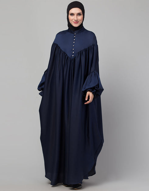 Modern Blue Colored Yoke and Gathered Front and Back Pleated sleeve abaya Side View