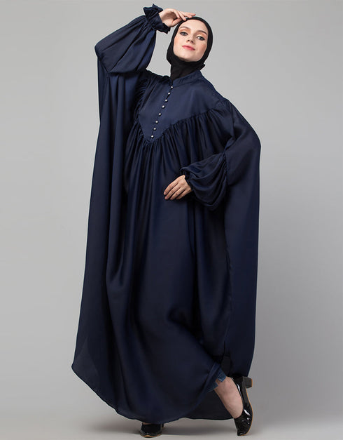 Modern Blue Colored Yoke and Gathered Front and Back Pleated sleeve abaya Back View