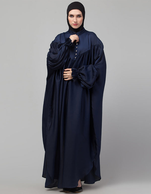 Modern Blue Colored Yoke and Gathered Front and Back Pleated sleeve abaya Front View