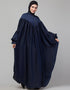 Modern Blue Colored Yoke and Gathered Front and Back Pleated sleeve abaya Close-up View