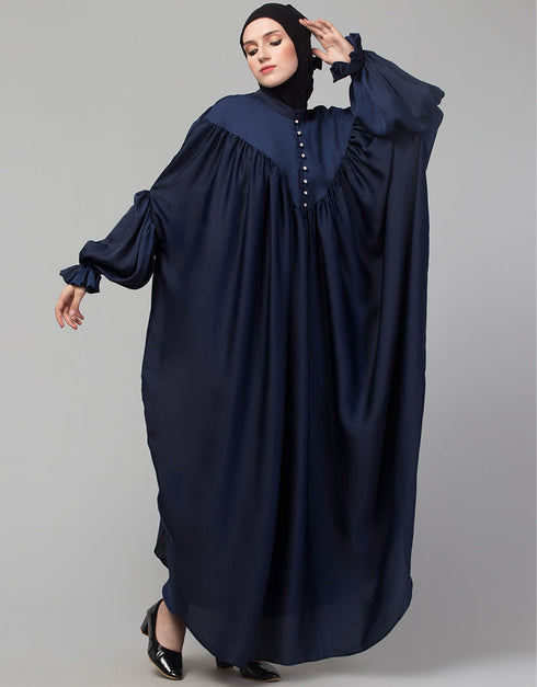 Modern Blue Colored Yoke and Gathered Front and Back Pleated sleeve abaya Front View