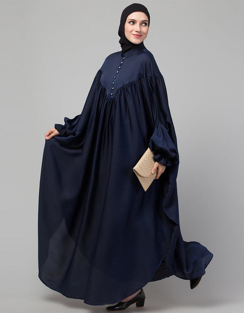 Modern Blue Colored Yoke and Gathered Front and Back Pleated sleeve abaya Additional Angles