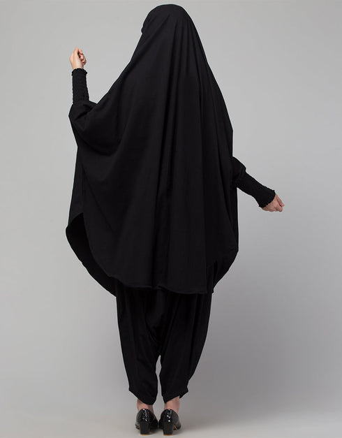 Modest SMOKING AT SLEEVE JERSEY KHIMER WITH HAREM PANT IN BLACK Back View