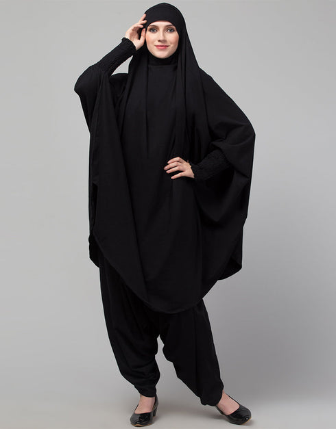 Modest SMOKING AT SLEEVE JERSEY KHIMER WITH HAREM PANT IN BLACK Side View