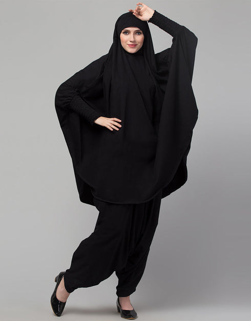 Modest SMOKING AT SLEEVE JERSEY KHIMER WITH HAREM PANT IN BLACK Front View