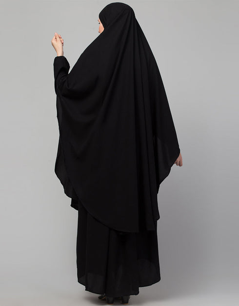 Trendy 3 pcs set of Abaya Khimer and Nose piece In Black Back View