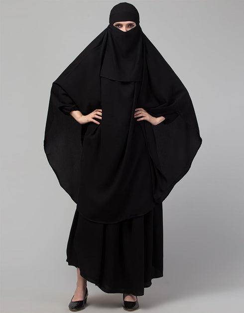 Trendy 3 pcs set of Abaya Khimer and Nose piece In Black Lifestyle Images
