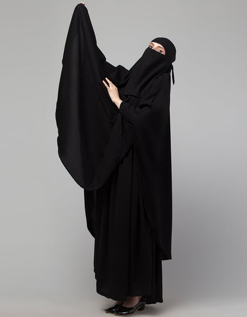 Trendy 3 pcs set of Abaya Khimer and Nose piece In Black Front View