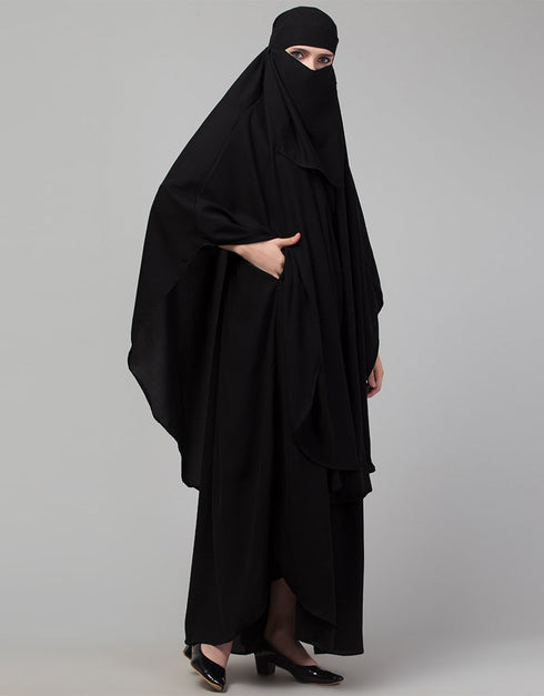 Trendy 3 pcs set of Abaya Khimer and Nose piece In Black Side View