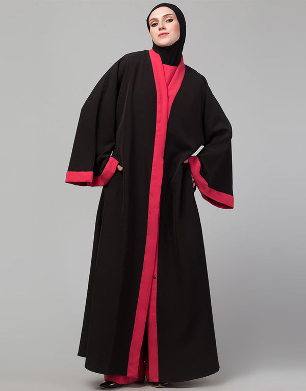 Women Black Matt Nida With Red Boder Abaya Front View