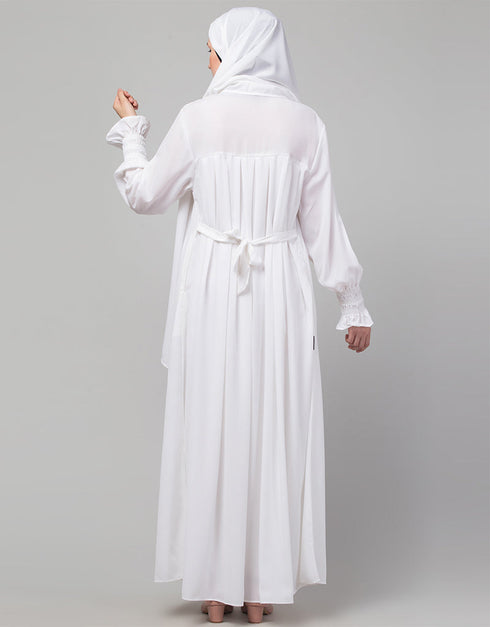 Trendy White Pleats at chest Smoking Sleeve Casual Abaya Side View