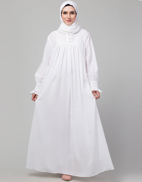 Trendy White Pleats at chest Smoking Sleeve Casual Abaya Front View