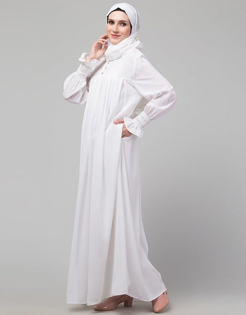 Trendy White Pleats at chest Smoking Sleeve Casual Abaya Back View