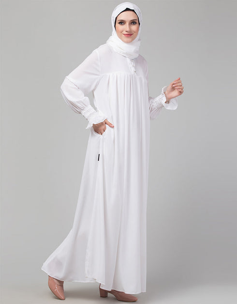 Trendy White Pleats at chest Smoking Sleeve Casual Abaya Front View