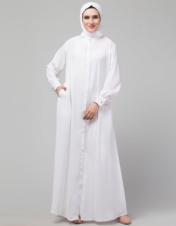 Chic White Hidden Placket front open casual Abaya Front View