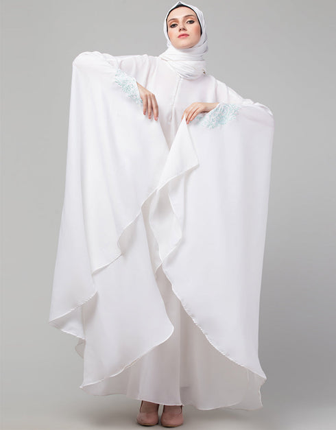 Muslimah White Irani Kaftan with thread embroidered Side View