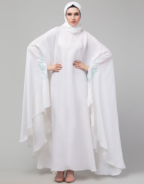 Muslimah White Irani Kaftan with thread embroidered Front View