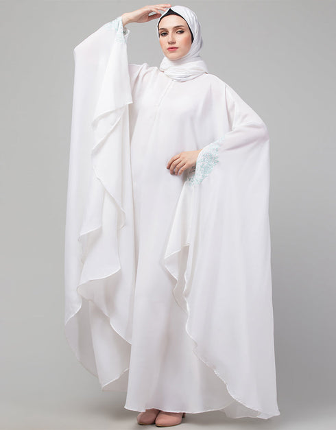 Muslimah White Irani Kaftan with thread embroidered Front View