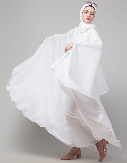 Muslimah White Irani Kaftan with thread embroidered Additional Angles