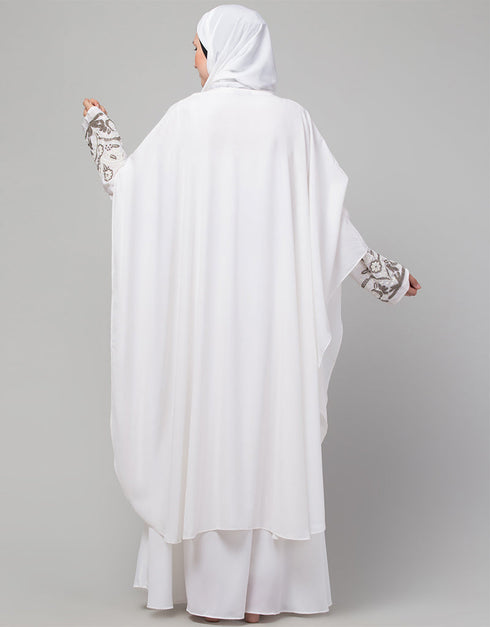 Arabic White matt Nida Golden Embroidery Abaya Front View