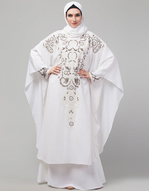 Arabic White matt Nida Golden Embroidery Abaya Front View