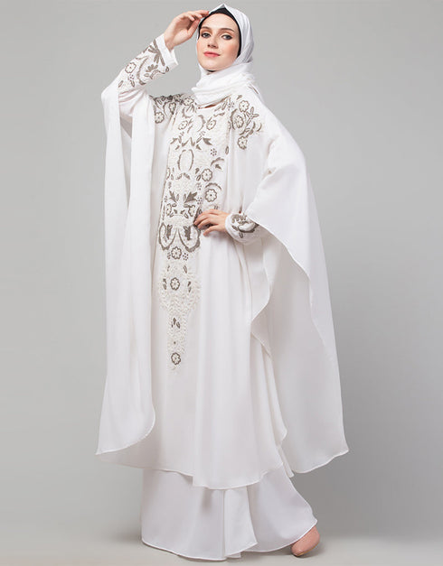 Arabic White matt Nida Golden Embroidery Abaya Side View