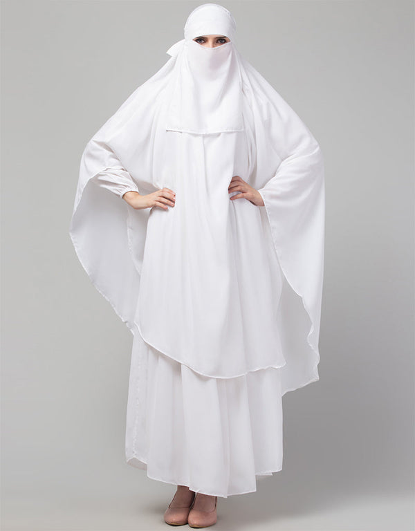 Chic 3 pcs set of White Abaya Khimer and Nose piece Front View