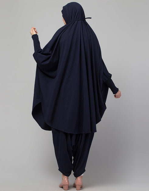 Muslim SMOKING AT SLEEVE JERSEY KHIMER WITH HAREM PANT IN NAVY Front View