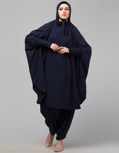 Muslim SMOKING AT SLEEVE JERSEY KHIMER WITH HAREM PANT IN NAVY Back View
