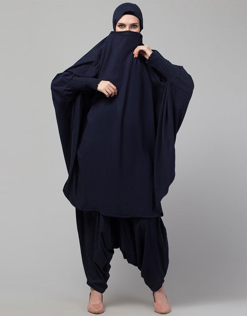 Muslim SMOKING AT SLEEVE JERSEY KHIMER WITH HAREM PANT IN NAVY Close-up View