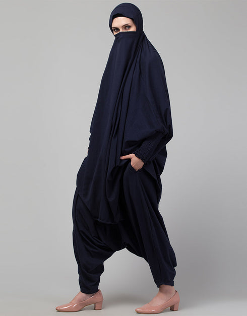 Muslim SMOKING AT SLEEVE JERSEY KHIMER WITH HAREM PANT IN NAVY Side View