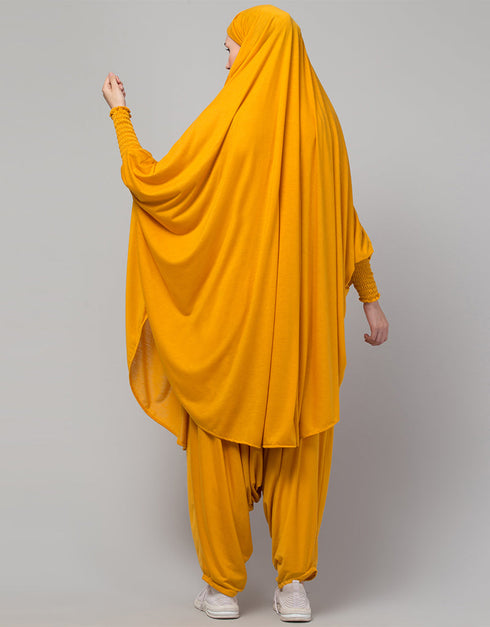 Islamic SMOKING AT SLEEVE JERSEY KHIMER WITH HAREM PANT IN MUSTURD Front View