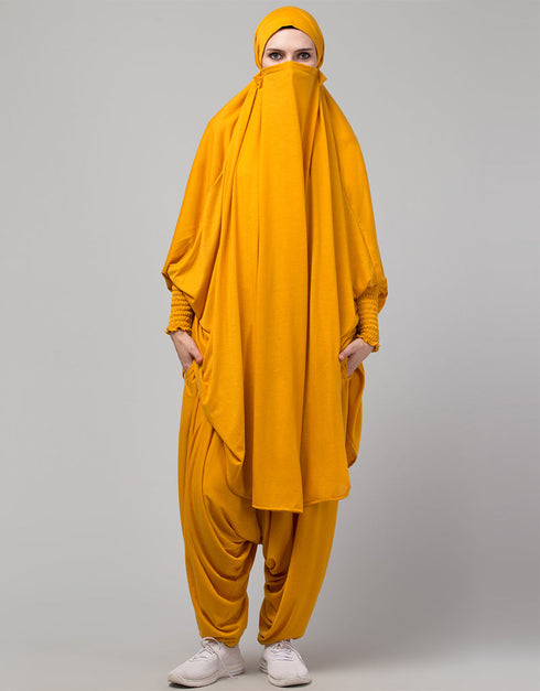 Islamic SMOKING AT SLEEVE JERSEY KHIMER WITH HAREM PANT IN MUSTURD Close-up View