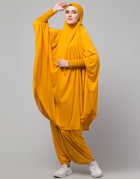 Islamic SMOKING AT SLEEVE JERSEY KHIMER WITH HAREM PANT IN MUSTURD Side View