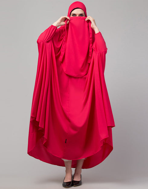 Trendy Rani Pink Extra Nose Piece Head To Toe Free Size Jilbab Front View